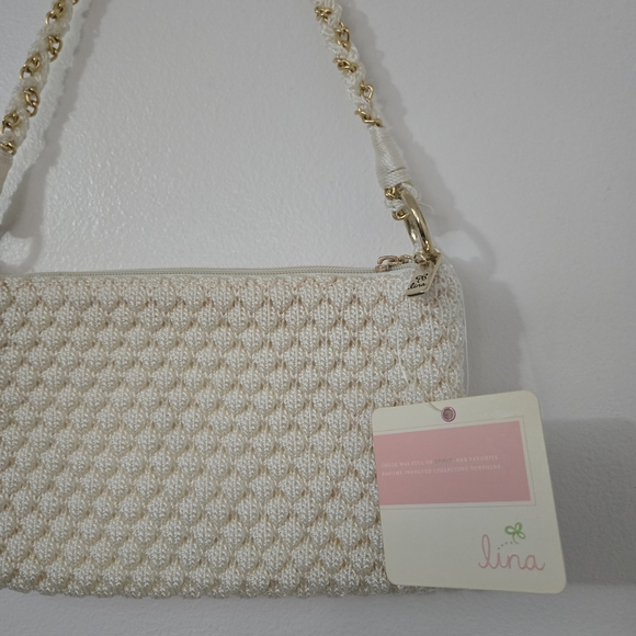 Lina Cream Crocheted Shoulder Bag Gold Chain Strap NWT - Picture 5 of 12